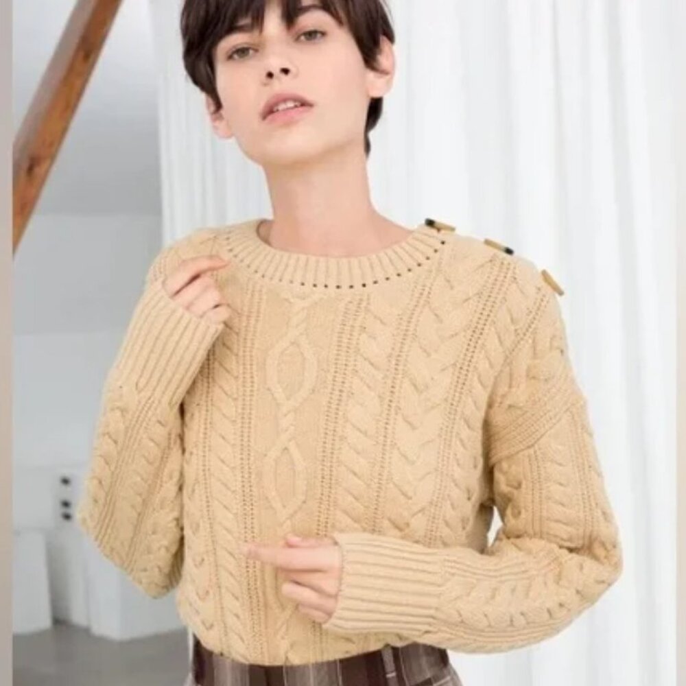 & Other Stories Cream Cable Knit Crew Neck Sweater